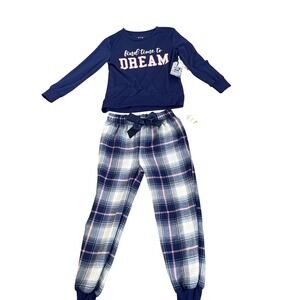 Max & Olivia Girls Navy Plaid 2PC Pajama Set Dream Graphic S 6 6X NWT‎